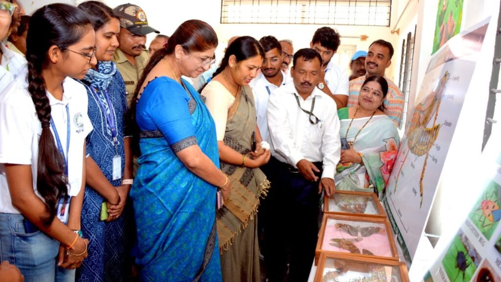 Hassan DC Sathyabama inspecting the exhibition on insects in the city.