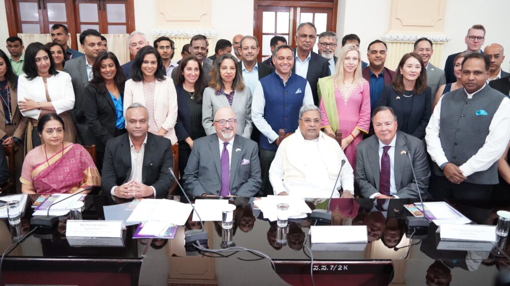 Karnataka Chief Minister Siddaramaiah interacts with the American business community in Bengaluru on Tuesday.
