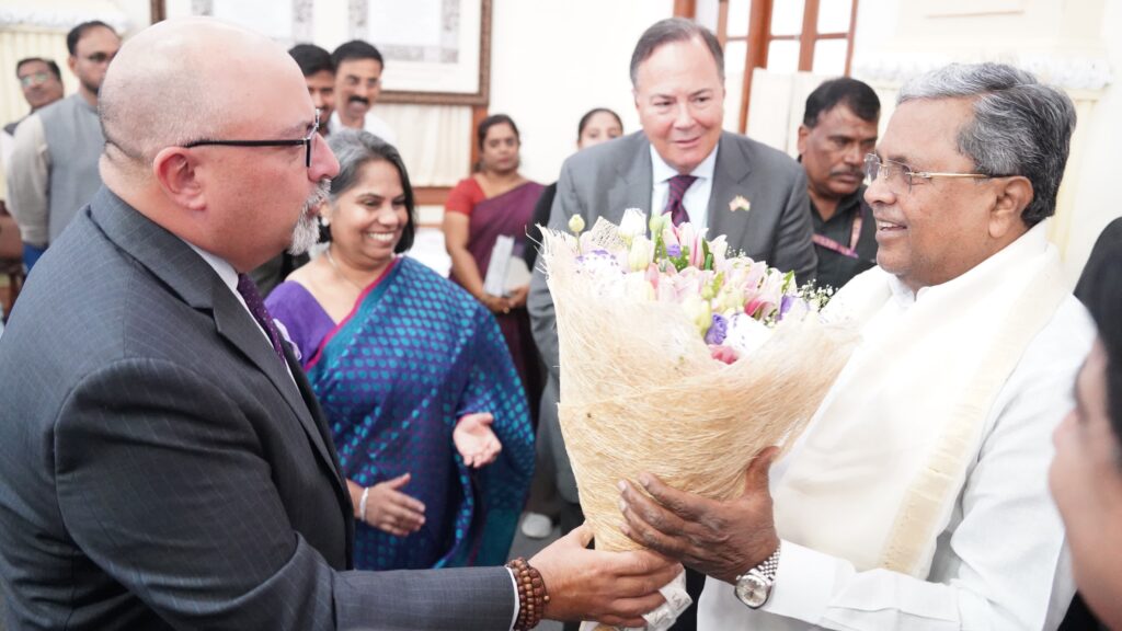 Karnataka Chief Minister Siddaramaiah interacts with the American business community in Bengaluru on Tuesday.
