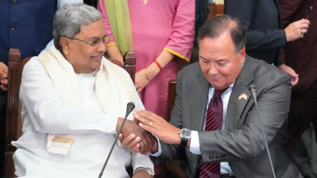 Karnataka Chief Minister Siddaramaiah interacts with the American business community in Bengaluru on Tuesday.