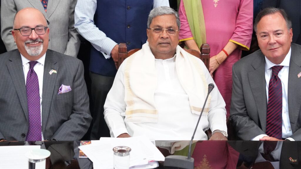 Karnataka Chief Minister Siddaramaiah interacts with the American business community in Bengaluru on Tuesday.