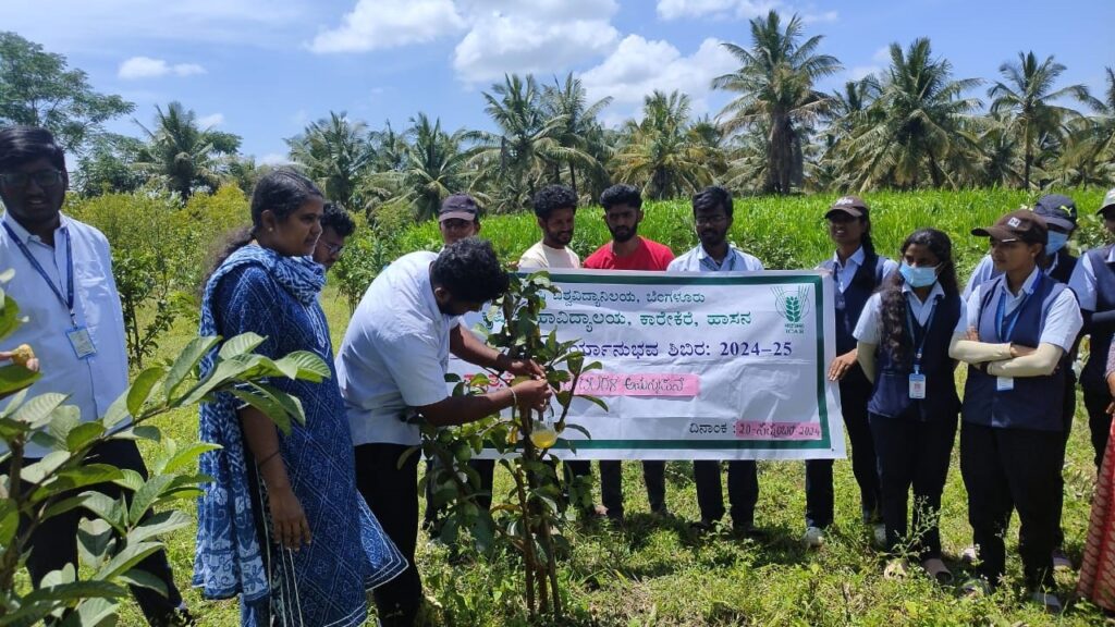 Students of Hassan Krishi Mahavidyalaya engaging with farmers at a camp on how to protect crops from insects.