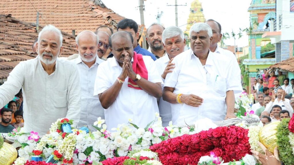 Union Minister HD Kumaraswamy during a visit to the district on Monday.