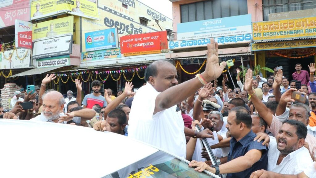 Union Minister HD Kumaraswamy during a visit to the district on Monday.