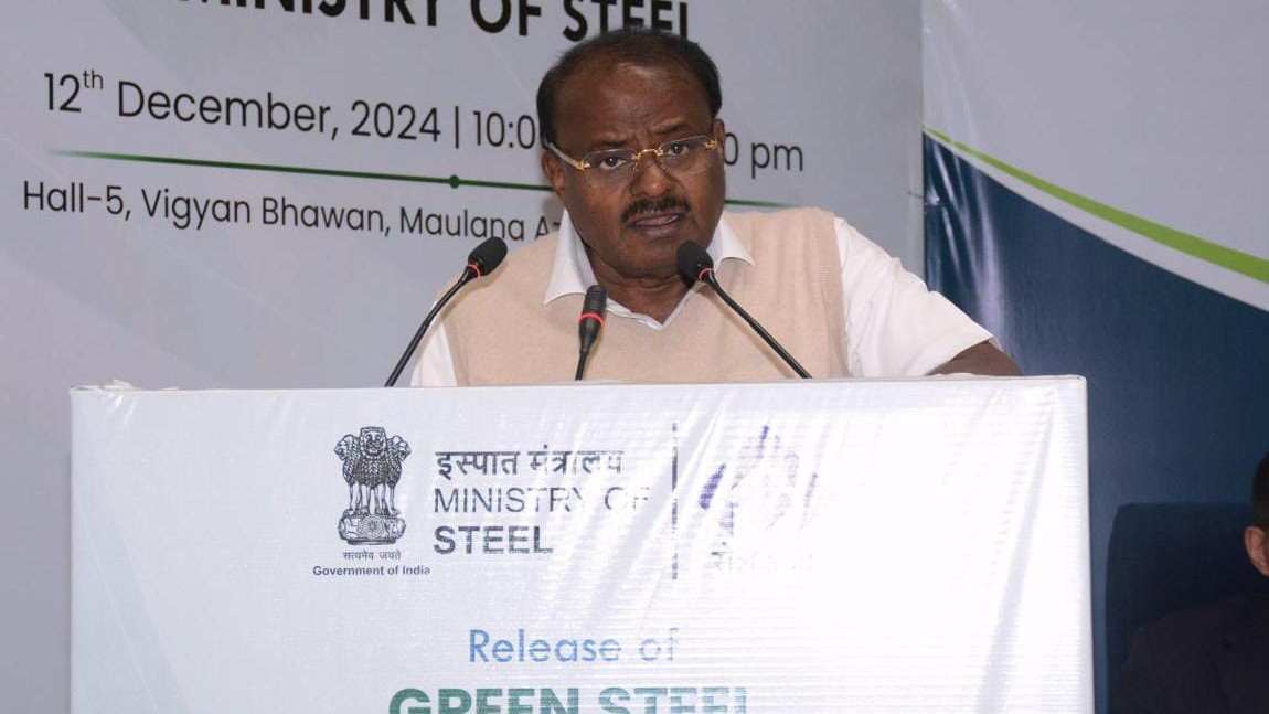 Union Steel Minister H D Kumaraswamy and officials during the report release programme in New Delhi.