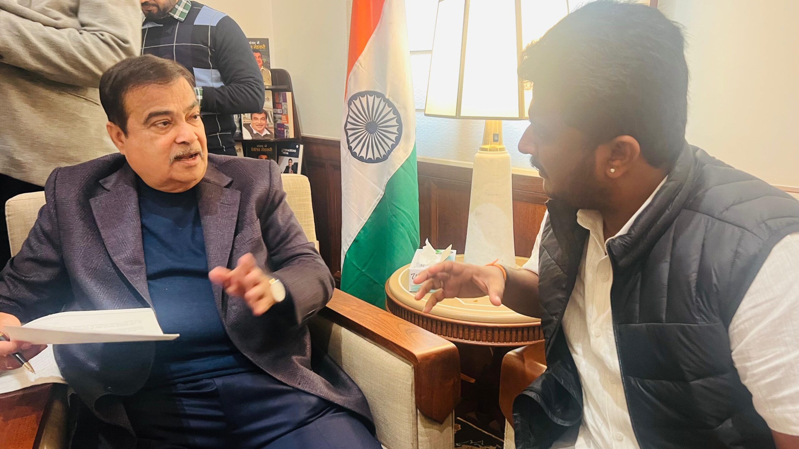 Hassan MP Shreyas Patel in separate meetings with Union Ministers Nitin Gadkari, Gajendra Shekawat and Bhupendra Yadav.
