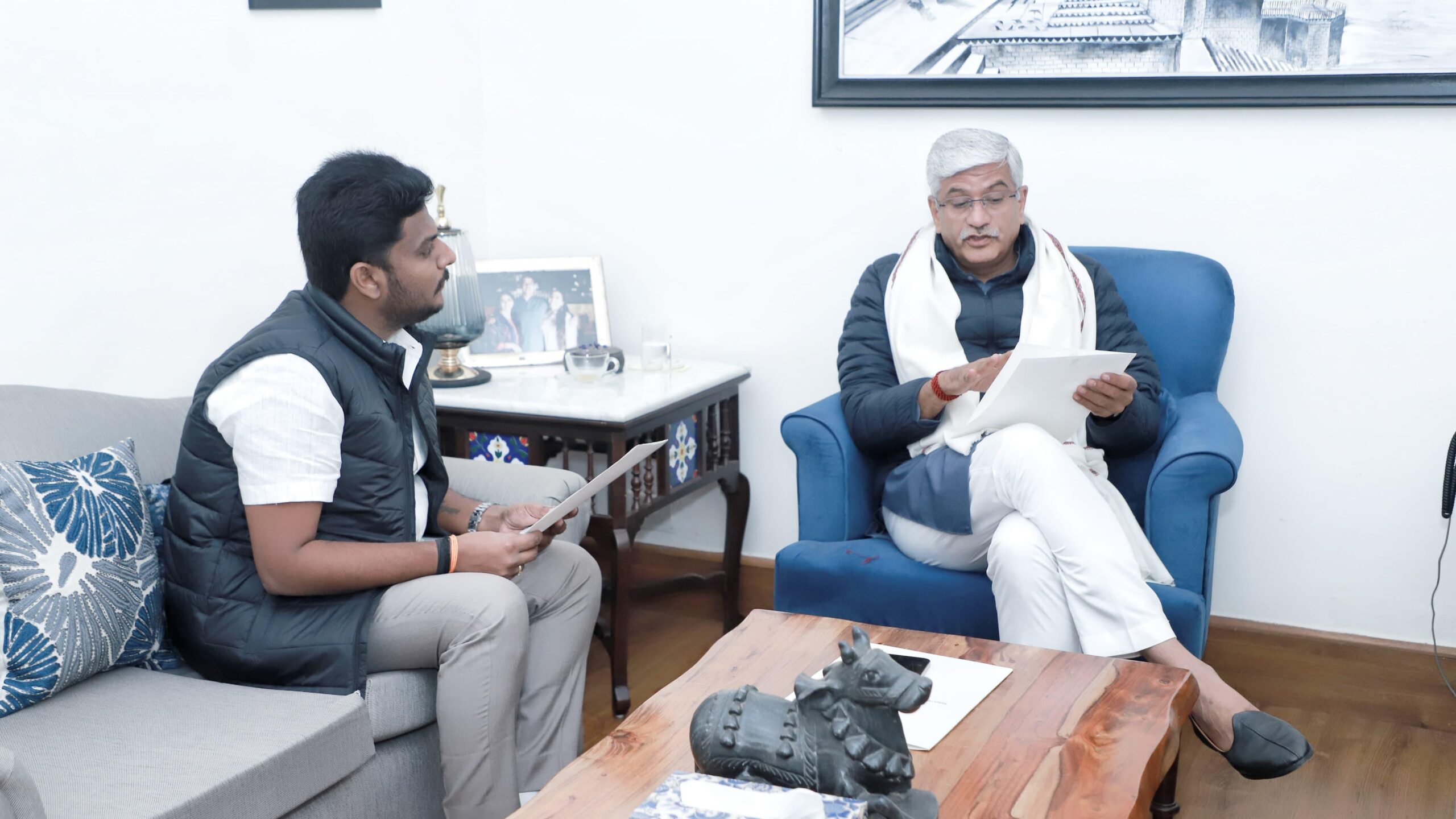 Hassan MP Shreyas Patel in separate meetings with Union Ministers Nitin Gadkari, Gajendra Shekawat and Bhupendra Yadav.