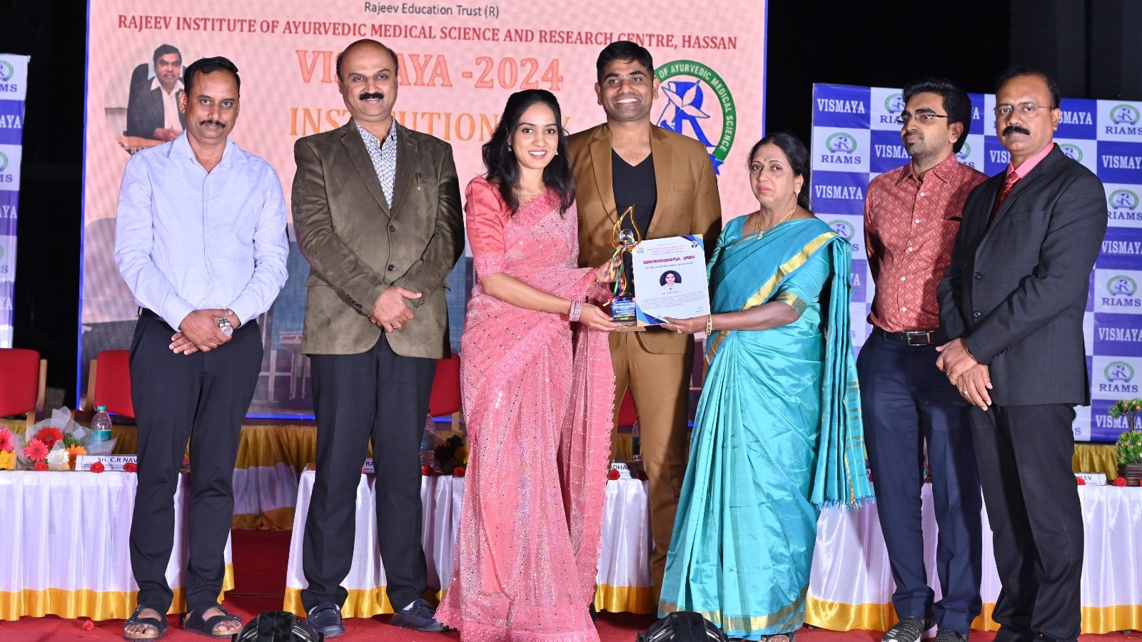 Top contributors of Rajiv Ayurveda College being honoured by the institution on Wednesday.