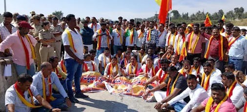 The tollgate at Chaulagere and local people protesting the 'unfair' collection.