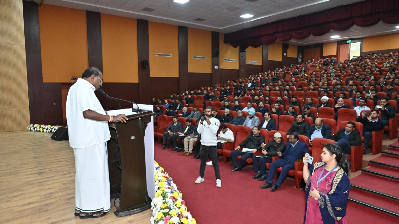 Union Steel Minister HD Kumaraswamy addressing a gathering on tech and innovation In Gurugram.