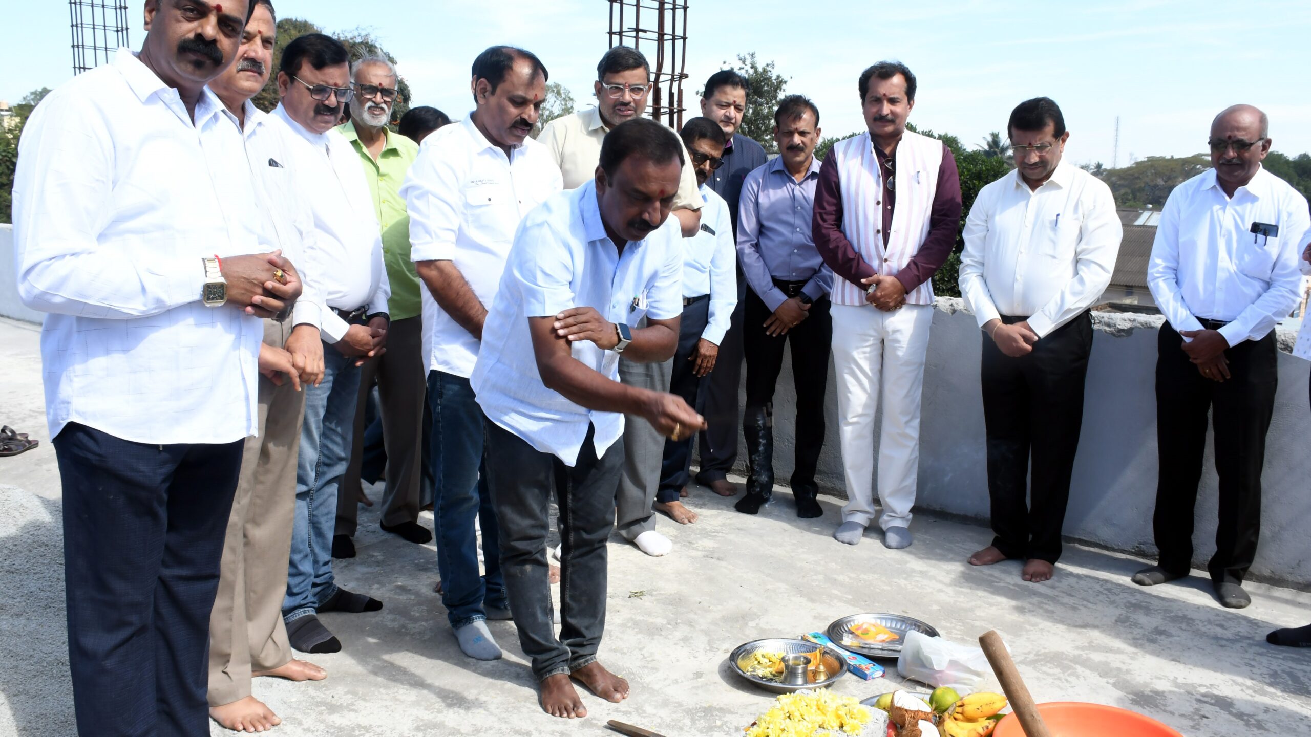 FKCCI Director H A Kiran laying the foundation stone for a skill development and training institute that will soon be established in Hassan.