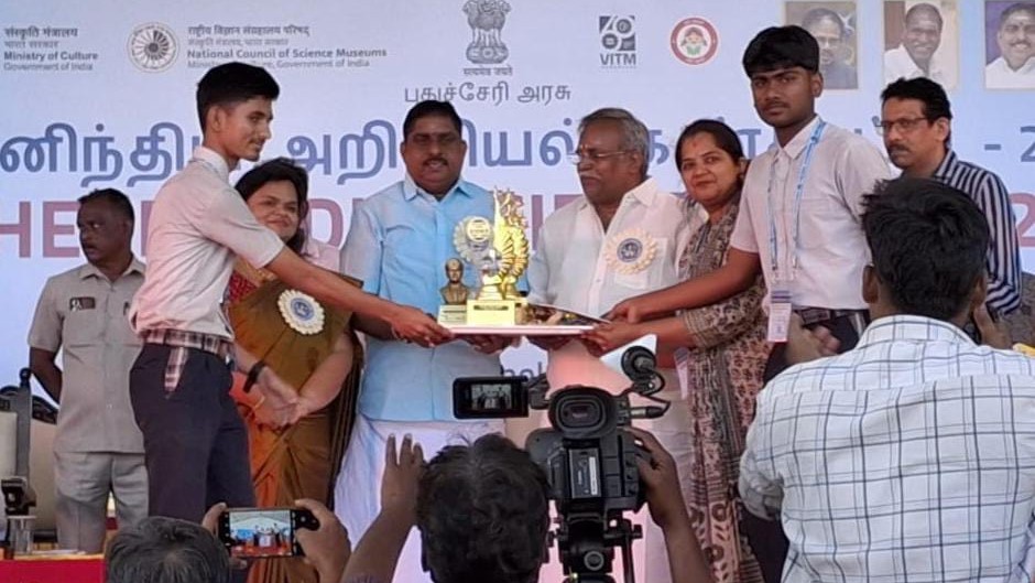 The students of Vijaya School and their mentor being honoured for their performance in the Southern India Science Fair 2025.