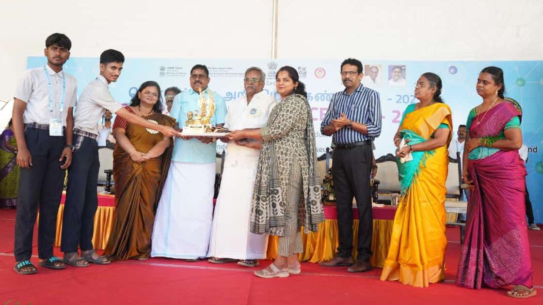 The students of Vijaya School and their mentor being honoured for their performance in the Southern India Science Fair 2025.