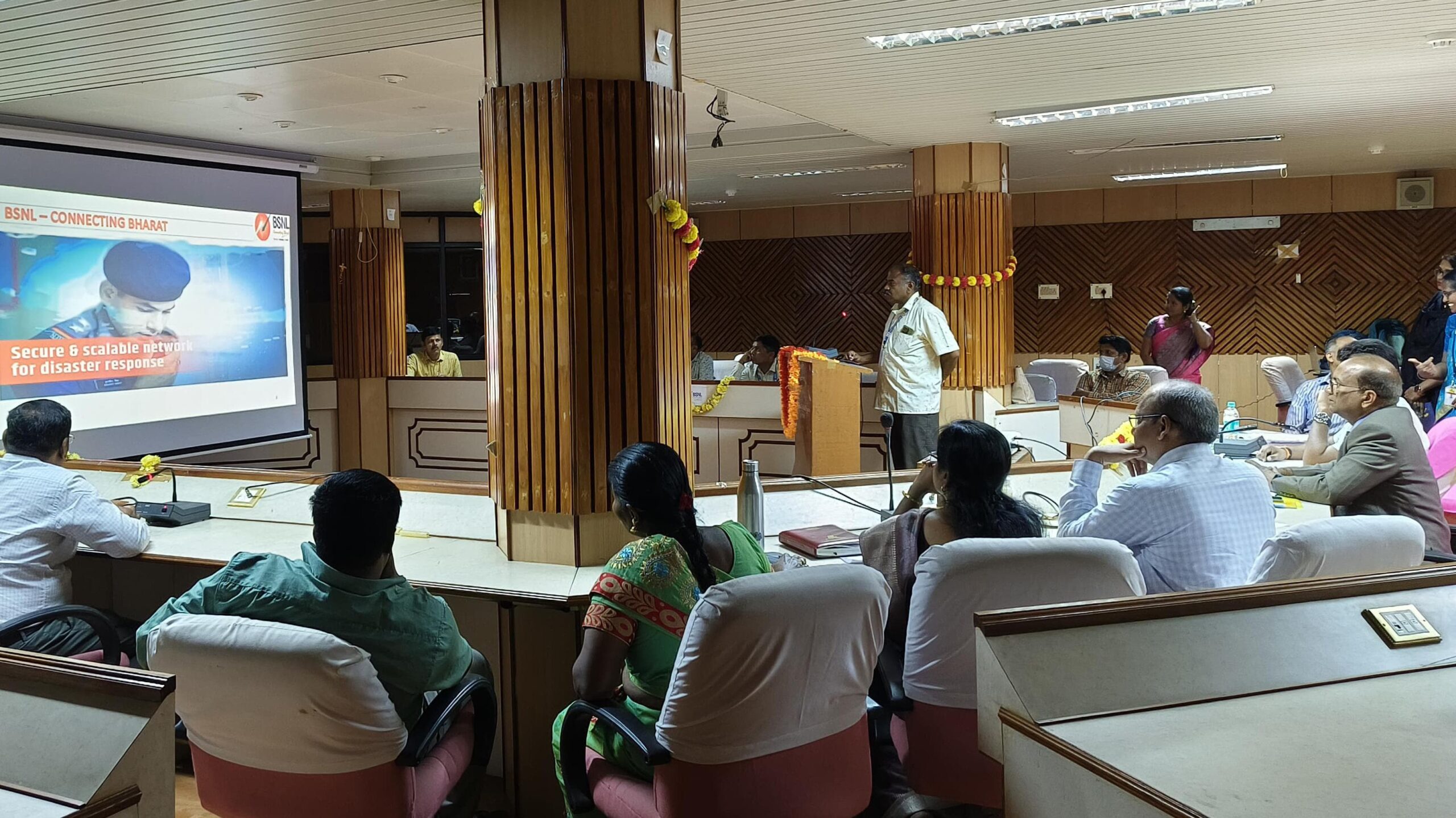 Hassan MP Shreyas Patel and officials of BSNL participating in the meeting in BSNL Bhavan in Hassan on Wednesday.
