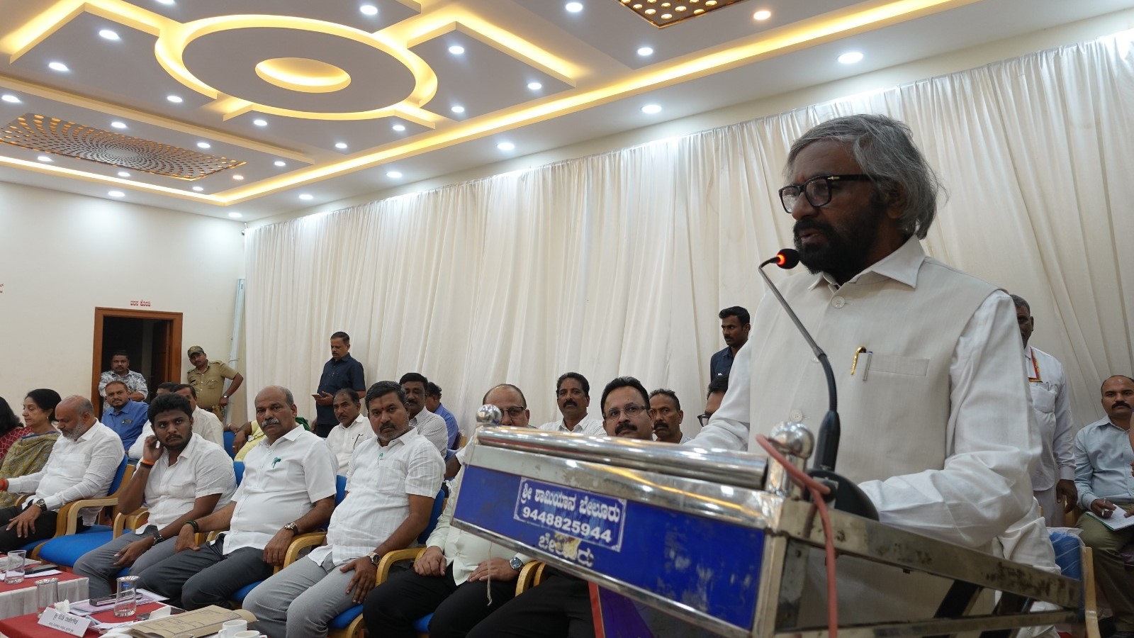 Forests Minister Ishwar Khandre addressing a meeting on human-elephant conflict, in the district recently.