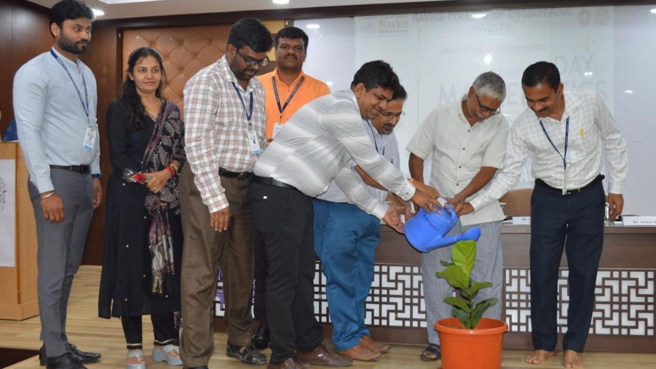 Visuals from the International Mathematics Day event held at Navkis College of Engineering in Hassan.